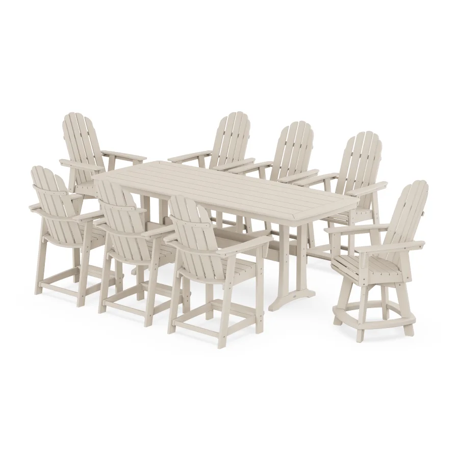 POLYWOOD Vineyard Curveback Adirondack Swivel 9-Piece Counter Set with Trestle Legs in Sand