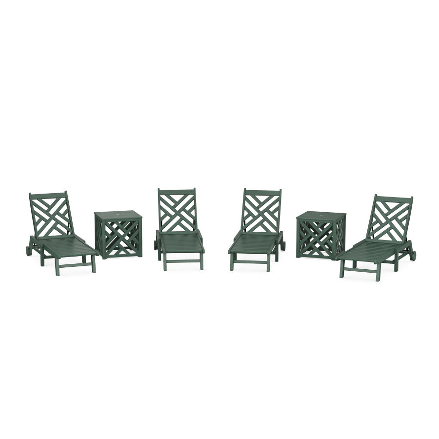 POLYWOOD Chippendale 6-Piece Chaise Set with Wheels and Umbrella Stand Accent Table in Green