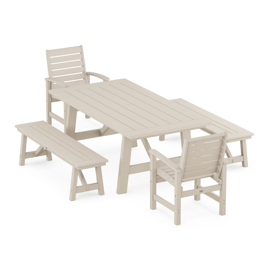 POLYWOOD Signature 5-Piece Rustic Farmhouse Dining Set With Trestle Legs in Sand