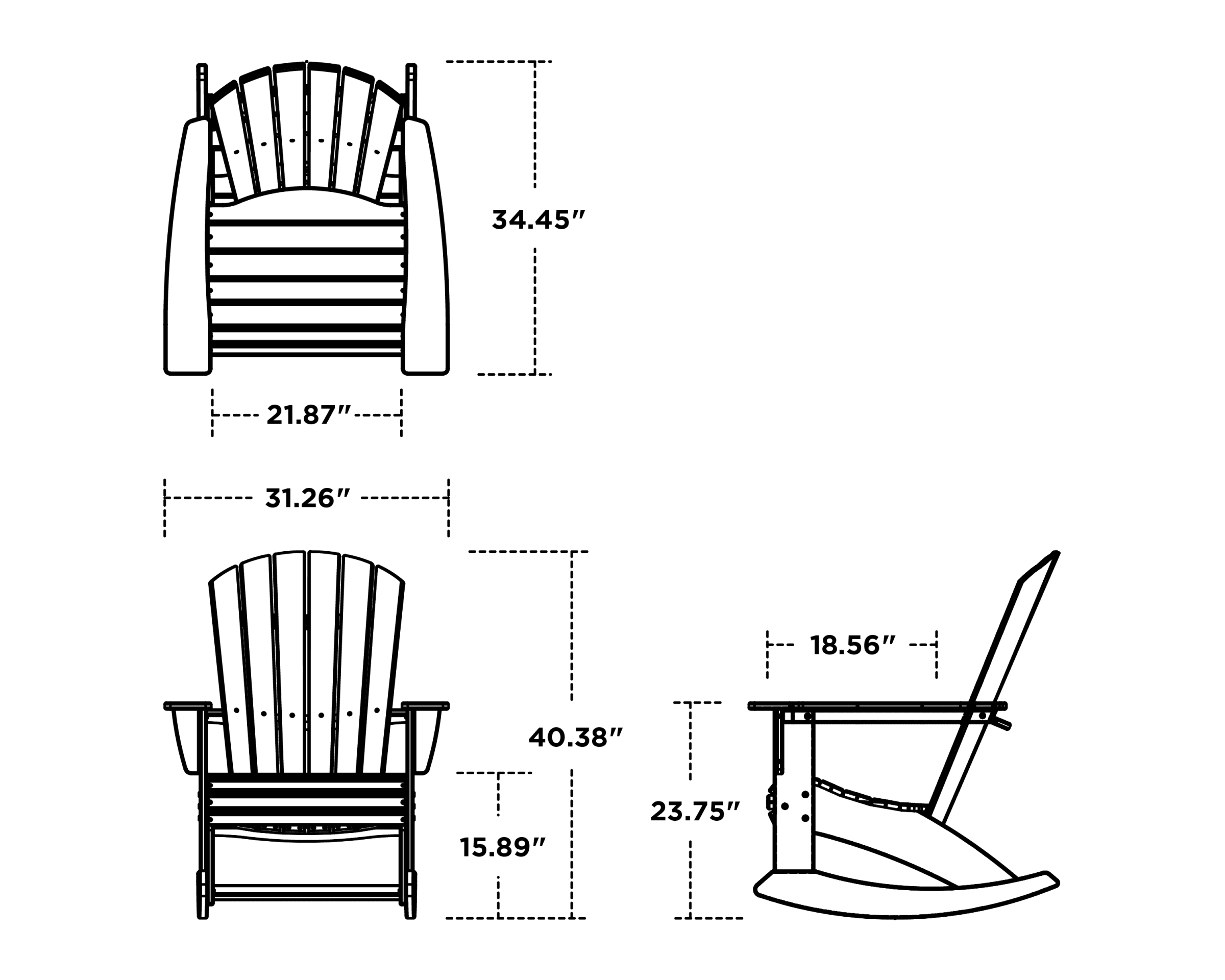 Dimensions for Nautical Curveback Adirondack Rocking Chair