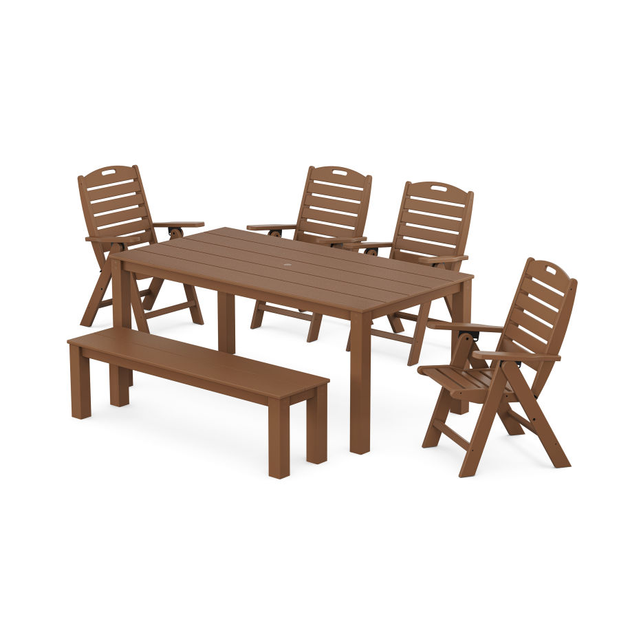 POLYWOOD Nautical Folding Highback Chair 6-Piece Parsons Dining Set with Bench in Teak