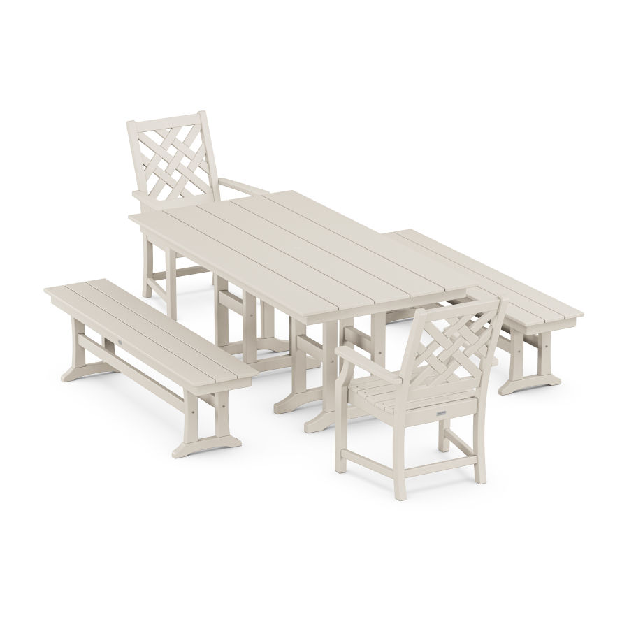 POLYWOOD Wovendale 5-Piece Farmhouse Dining Set with Benches in Sand