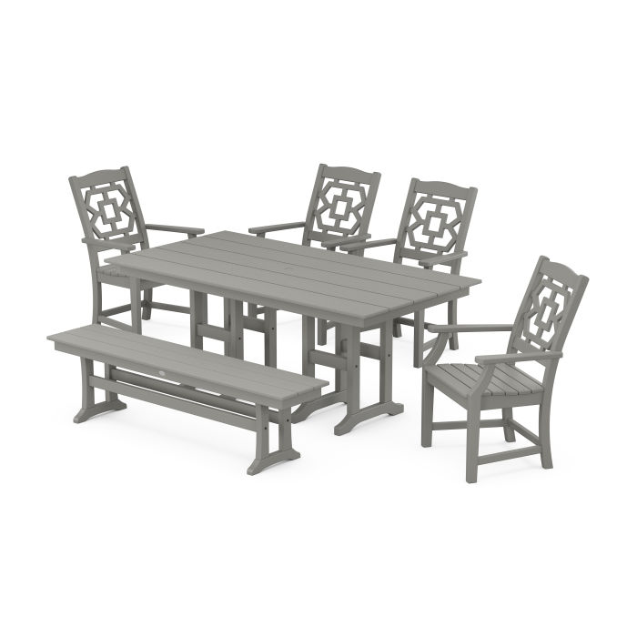 POLYWOOD Chinoiserie 6-Piece Farmhouse Dining Set with Bench