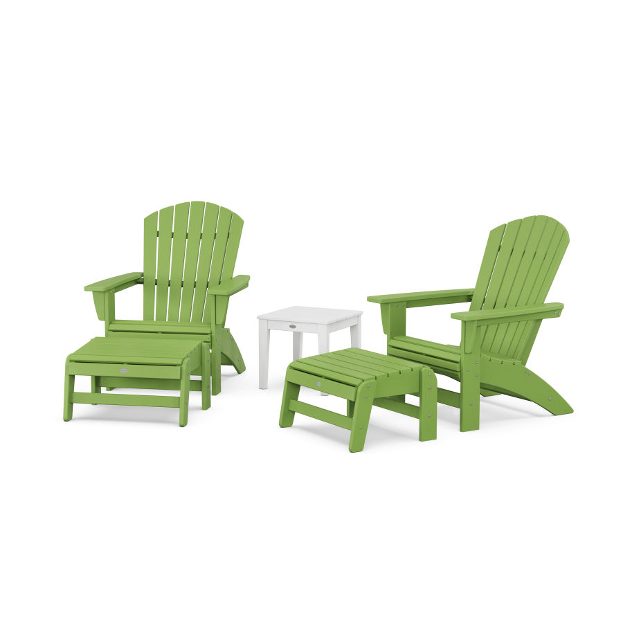 POLYWOOD 5-Piece Nautical Grand Adirondack Set with Ottomans and Side Table in Lime / White