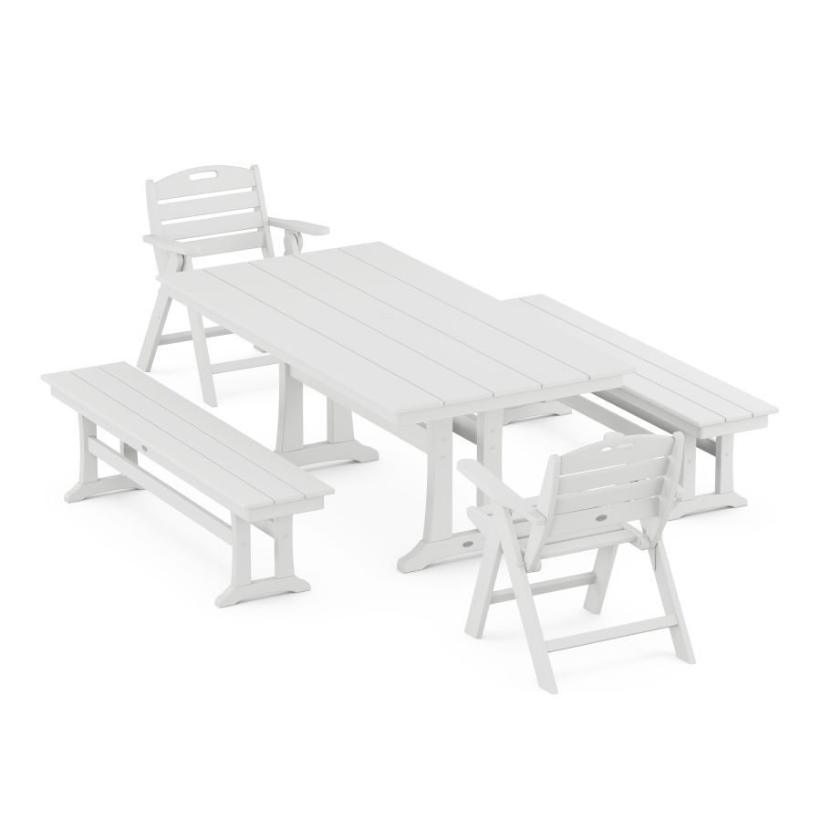 POLYWOOD Nautical Folding Lowback Chair 5-Piece Farmhouse Dining Set With Trestle Legs in White