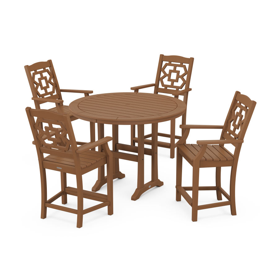 POLYWOOD Chinoiserie 5-Piece Round Counter Set in Teak