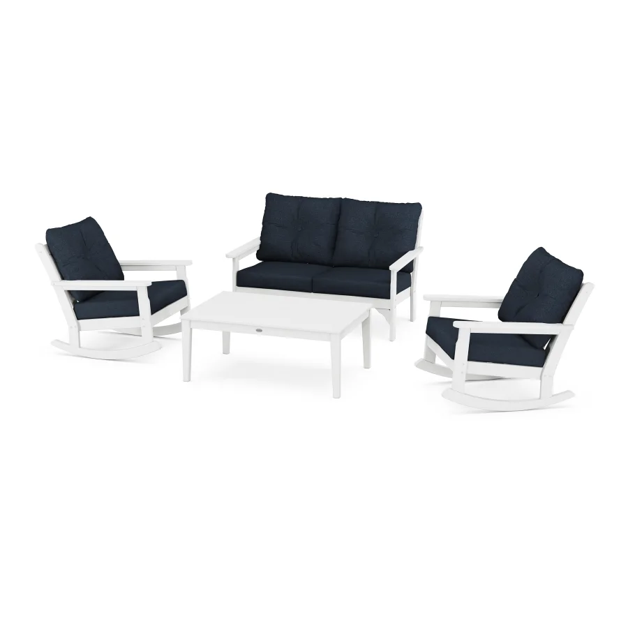 POLYWOOD Vineyard 4-Piece Deep Seating Rocking Chair Set in White / Marine Indigo