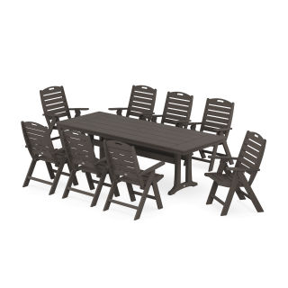 Nautical Highback 9-Piece Farmhouse Dining Set with Trestle Legs in Vintage Finish