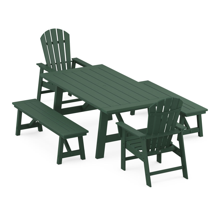 POLYWOOD South Beach 5-Piece Rustic Farmhouse Dining Set With Trestle Legs in Green
