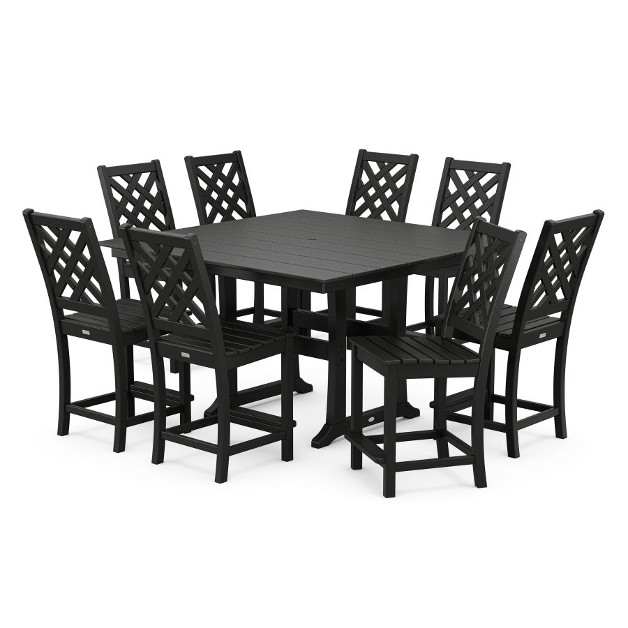 POLYWOOD Wovendale Side Chair 9-Piece Square Farmhouse Counter Set with Trestle Legs in Black