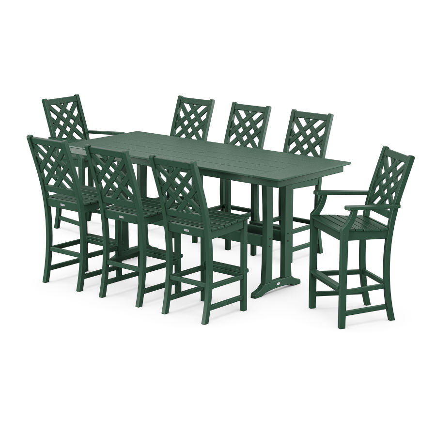 POLYWOOD Wovendale 9-Piece Farmhouse Bar Set with Trestle Legs in Green