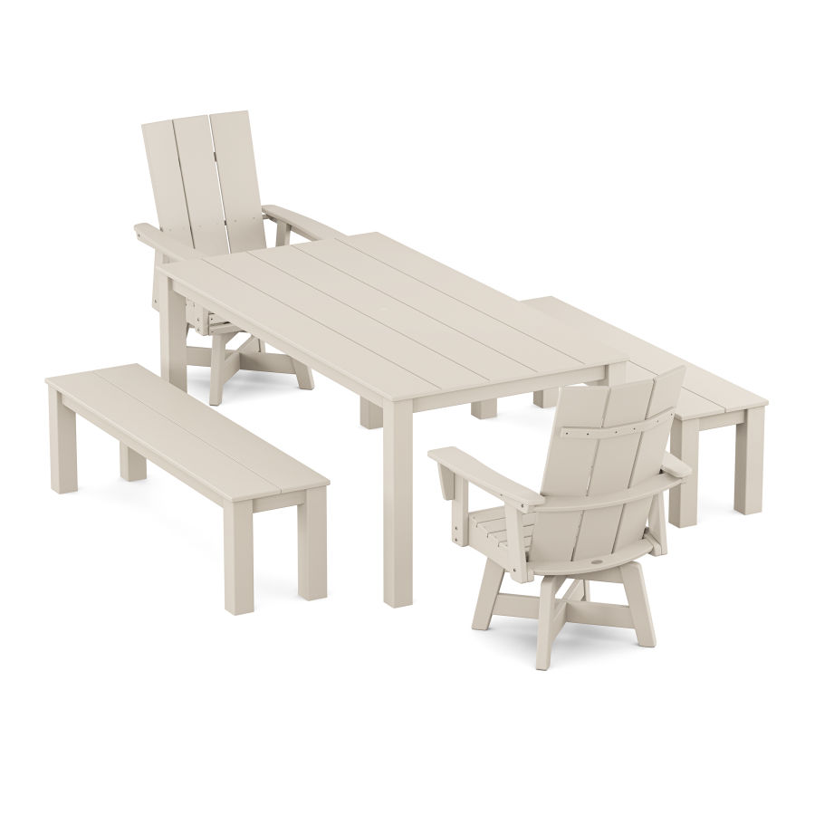 POLYWOOD Modern Curveback Adirondack 5-Piece Parsons Swivel Dining Set with Benches in Sand