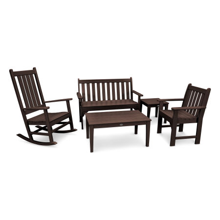 POLYWOOD Vineyard 5-Piece Bench & Rocking Chair Set in Mahogany