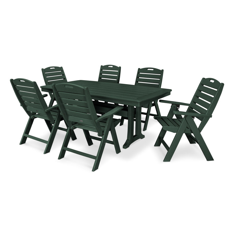 POLYWOOD Nautical Folding Highback Chair 7-Piece Dining Set with Trestle Legs in Green