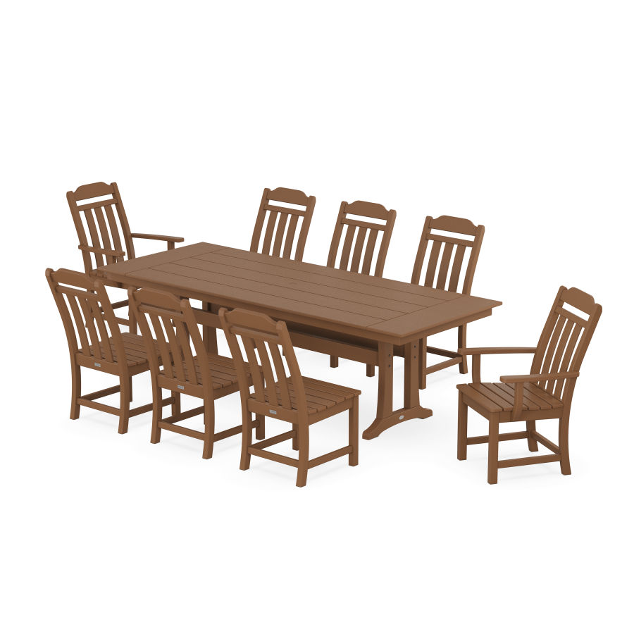 POLYWOOD Country Living 9-Piece Farmhouse Dining Set with Trestle Legs in Teak