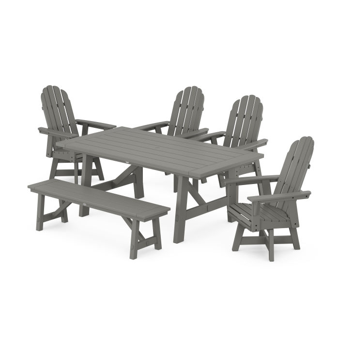 POLYWOOD Vineyard Curveback Adirondack Swivel Chair 6-Piece Rustic Farmhouse Dining Set With Bench