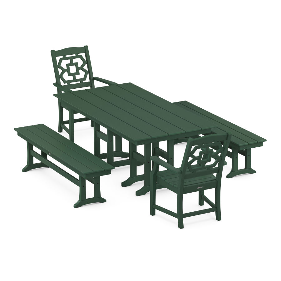 POLYWOOD Chinoiserie 5-Piece Farmhouse Dining Set with Benches in Green