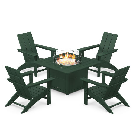 Modern 5-Piece Adirondack Chair Conversation Set with Fire Pit Table in Green