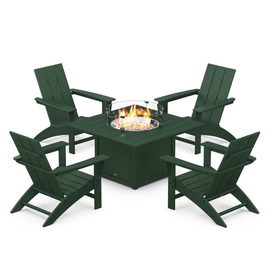 POLYWOOD Modern 5-Piece Adirondack Chair Conversation Set with Fire Pit Table in Green