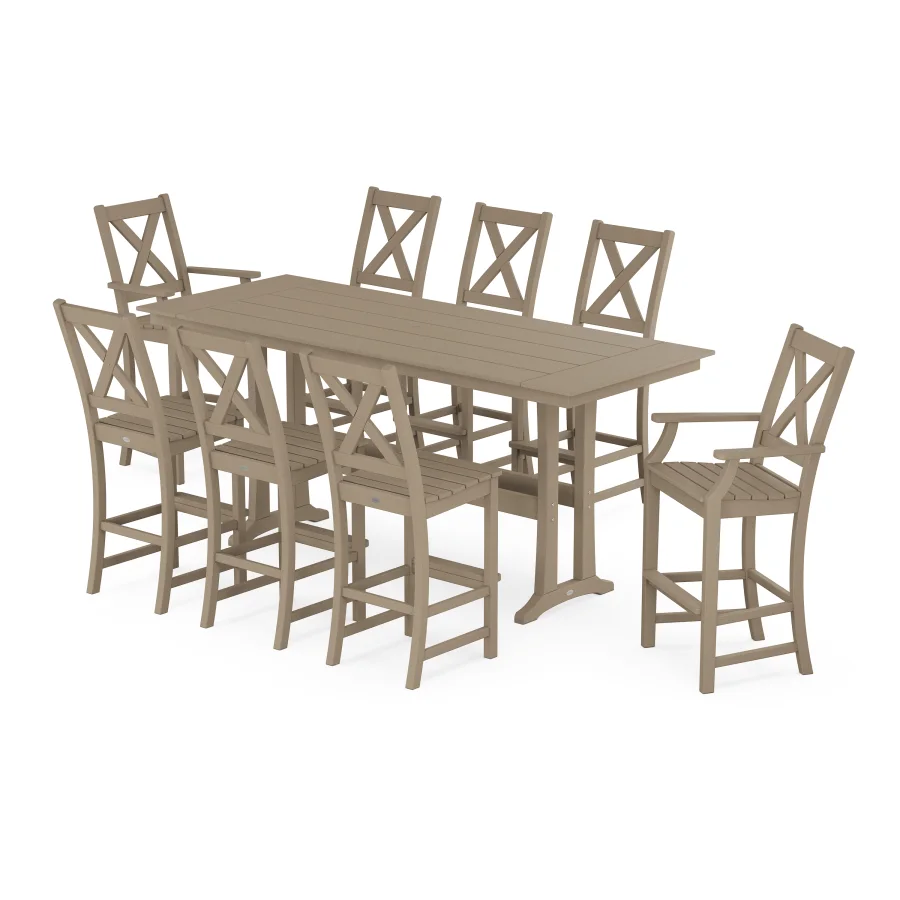 POLYWOOD Braxton 9-Piece Farmhouse Bar Set with Trestle Legs in Vintage Sahara