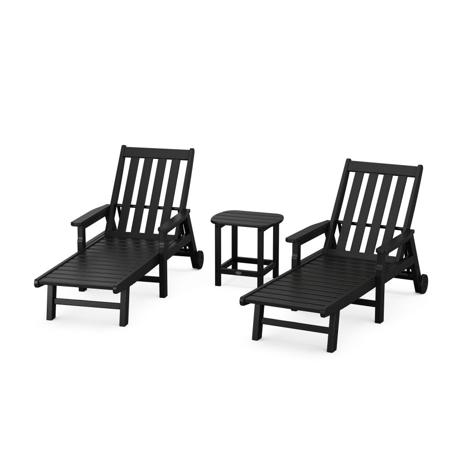 POLYWOOD Vineyard 3-Piece Chaise with Arms and Wheels Set in Black