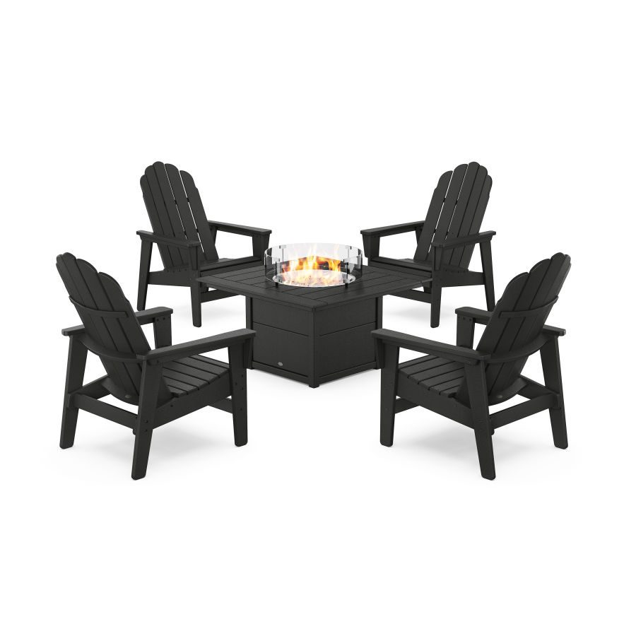 POLYWOOD 5-Piece Vineyard Grand Upright Adirondack Conversation Set with Fire Pit Table in Black