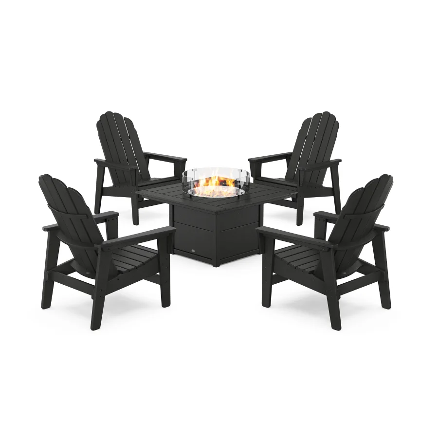 POLYWOOD 5-Piece Vineyard Grand Upright Adirondack Conversation Set with Fire Pit Table in Black