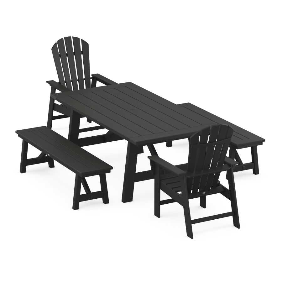 POLYWOOD South Beach 5-Piece Rustic Farmhouse Dining Set With Trestle Legs in Black
