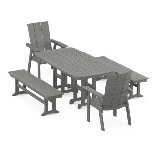 POLYWOOD Modern Curveback Adirondack 5-Piece Dining Set with Benches