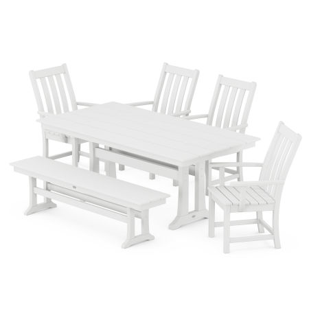 Vineyard 6-Piece Farmhouse Trestle Arm Chair Dining Set with Bench in White