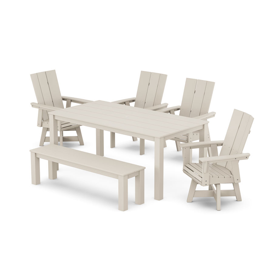 POLYWOOD Modern Curveback Adirondack 6-Piece Parsons Swivel Dining Set with Bench in Sand