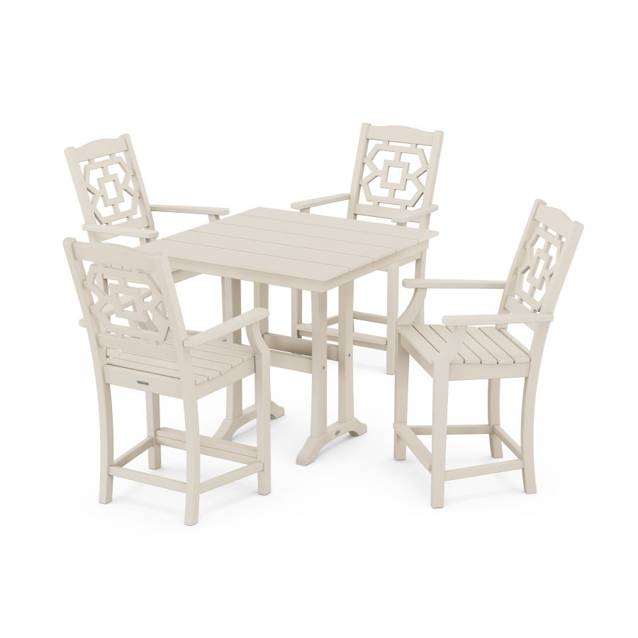 POLYWOOD Chinoiserie 5-Piece Farmhouse Counter Set with Trestle Legs in Sand