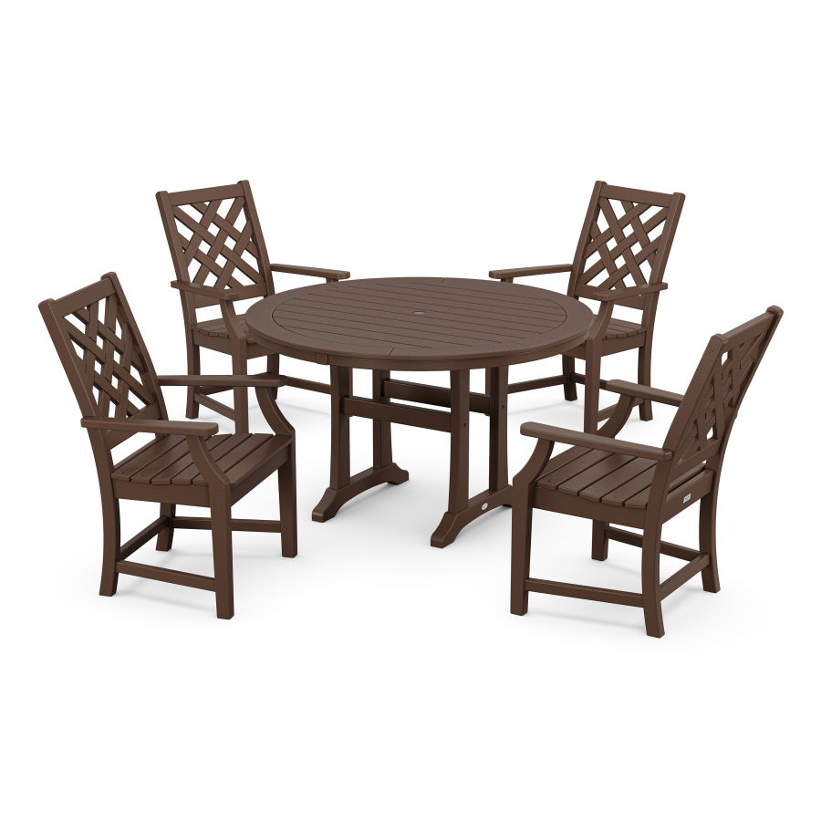 POLYWOOD Wovendale 5-Piece Round Dining Set with Trestle Legs in Mahogany