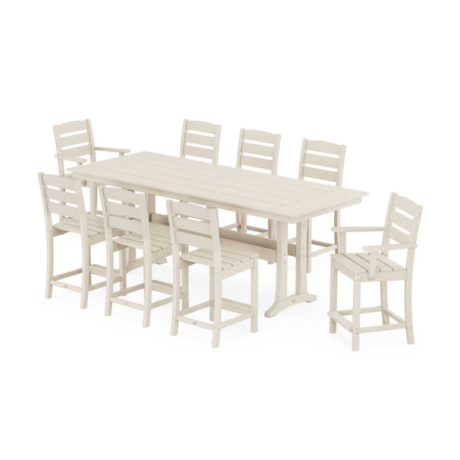 POLYWOOD Lakeside 9-Piece Farmhouse Counter Set with Trestle Legs in Sand