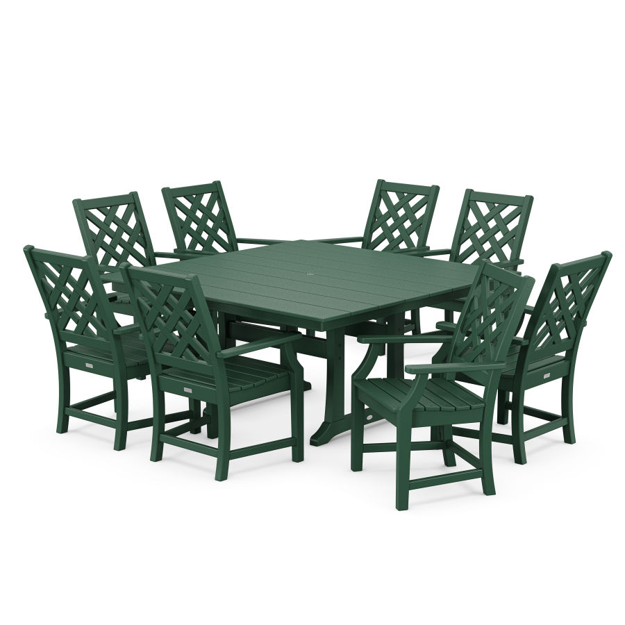 POLYWOOD Wovendale 9-Piece Square Farmhouse Dining Set with Trestle Legs in Green