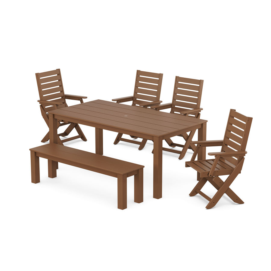 POLYWOOD Captain Folding Chair 6-Piece Parsons Dining Set with Bench in Teak