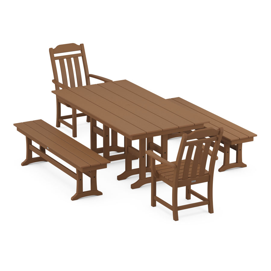 POLYWOOD Country Living 5-Piece Farmhouse Dining Set with Benches in Teak