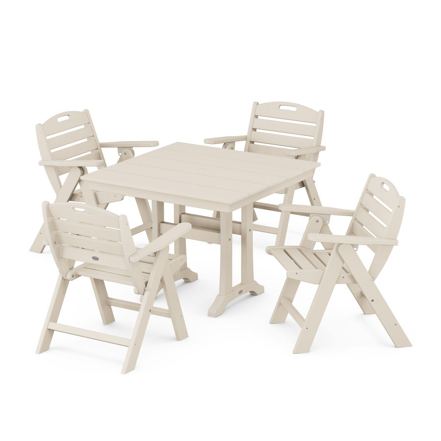 POLYWOOD Nautical Folding Lowback Chair 5-Piece Farmhouse Dining Set With Trestle Legs in Sand