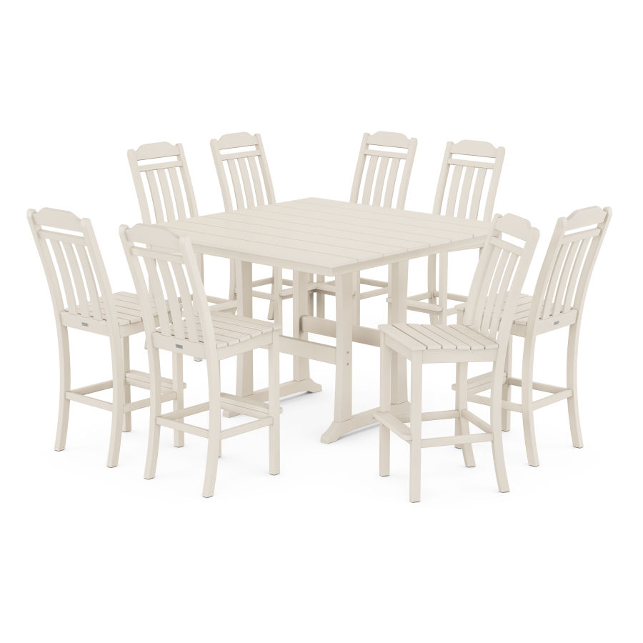 POLYWOOD Country Living 9-Piece Square Farmhouse Side Chair Bar Set with Trestle Legs in Sand