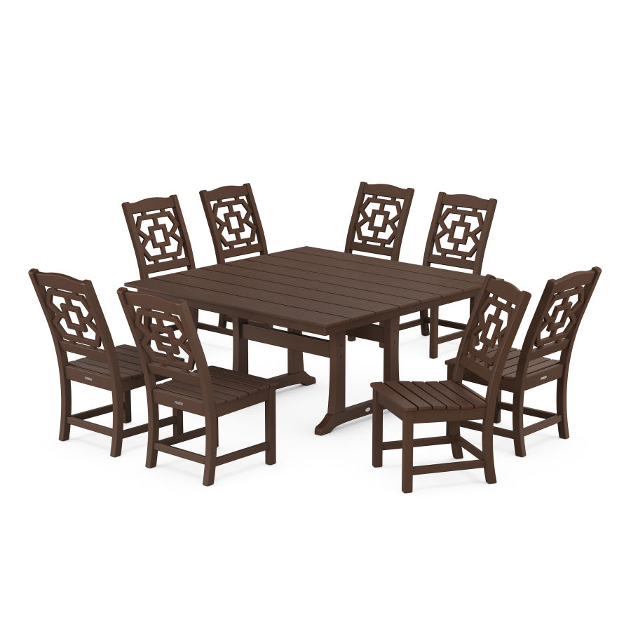 POLYWOOD Chinoiserie 9-Piece Square Farmhouse Side Chair Dining Set with Trestle Legs in Mahogany
