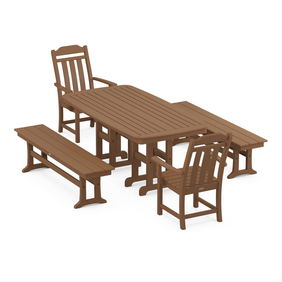 POLYWOOD Country Living 5-Piece Dining Set with Benches in Teak