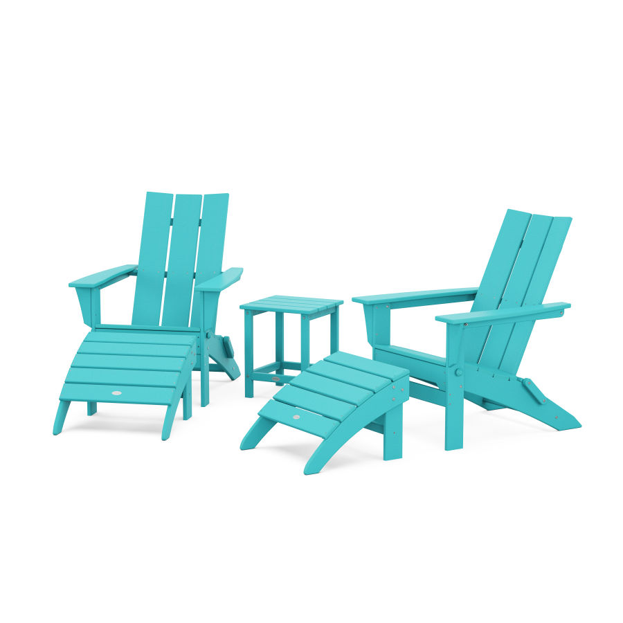 POLYWOOD Modern Folding Adirondack Chair 5-Piece Set with Ottomans and 18" Side Table in Aruba