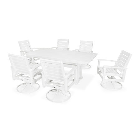 7 Piece Signature Swivel Rocking Chair Dining Set in Satin White / White