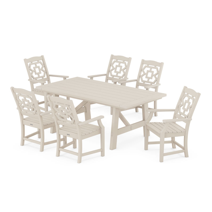 POLYWOOD Chinoiserie Arm Chair 7-Piece Rustic Farmhouse Dining Set in Sand