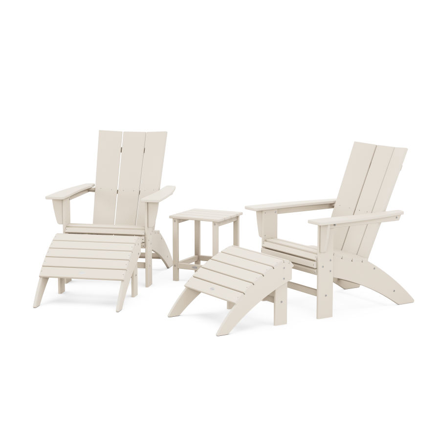 POLYWOOD Modern Curveback Adirondack Chair 5-Piece Set with Ottomans and 18" Side Table in Sand