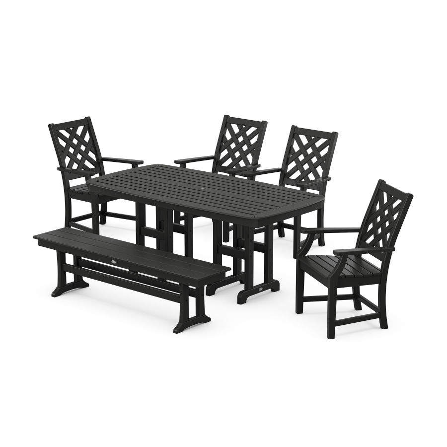 POLYWOOD Wovendale 6-Piece Farmhouse Dining Set with Bench in Black