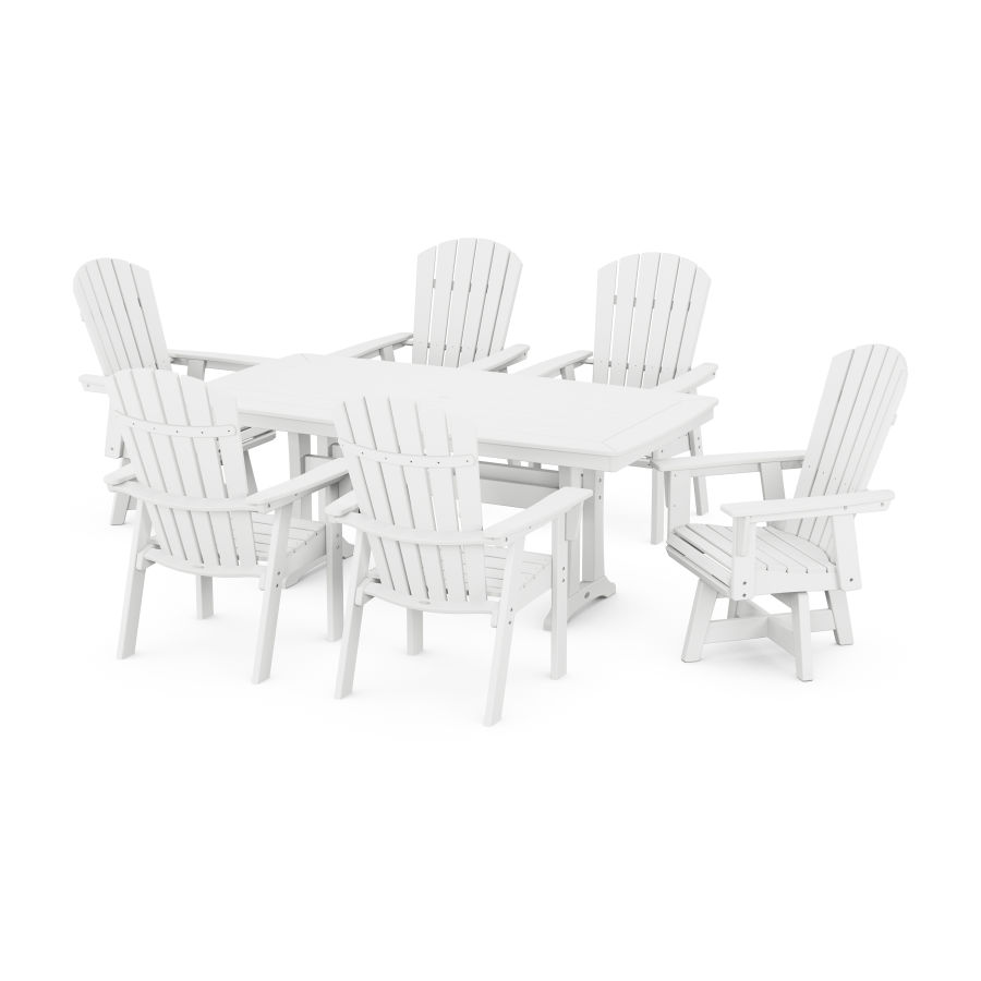 POLYWOOD Nautical Curveback Adirondack Swivel Chair 7-Piece Dining Set with Trestle Legs in White