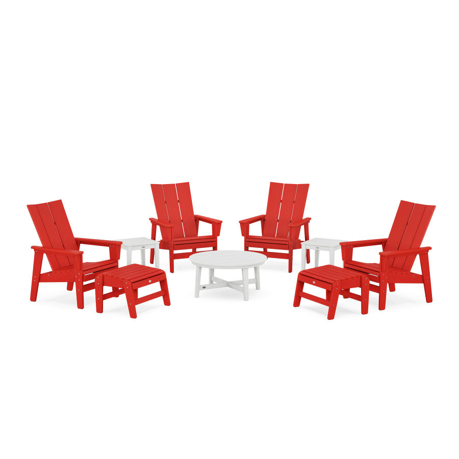 POLYWOOD Modern Grand Upright Adirondack 9-Piece Conversation Set in Sunset Red / White