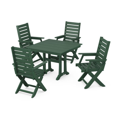 POLYWOOD Captain Folding Chair 5-Piece Farmhouse Dining Set With Trestle Legs in Green