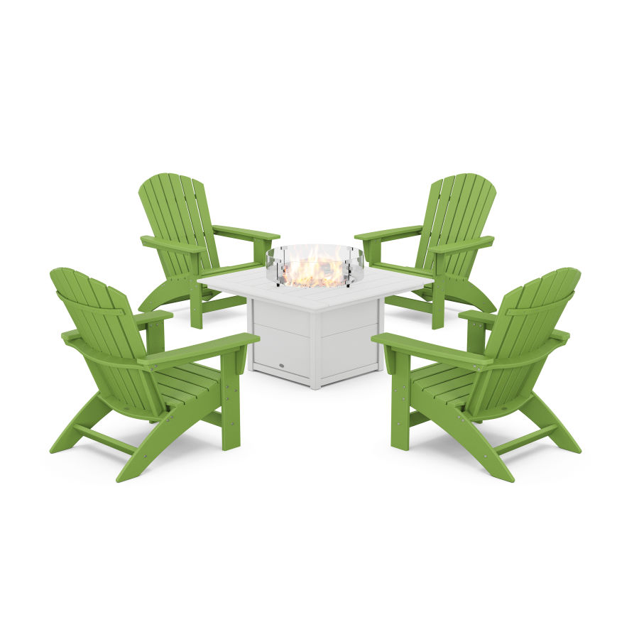 POLYWOOD 5-Piece Nautical Grand Adirondack Conversation Set with Fire Pit Table in Lime / White